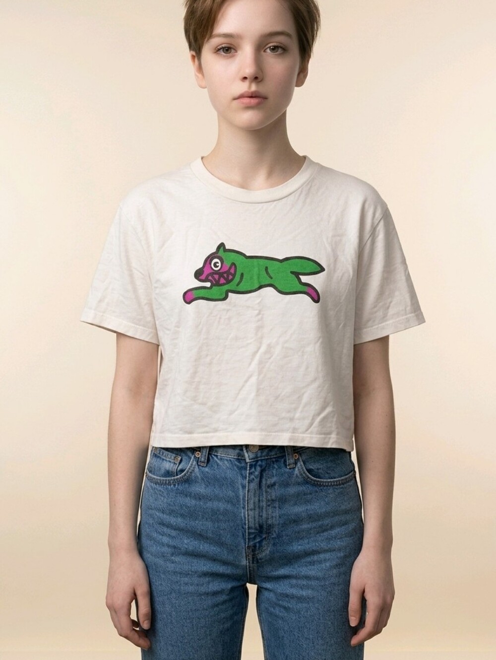 Ice Cream Graphic Tee with Green & Pink Running Dog Crew Neck Size L